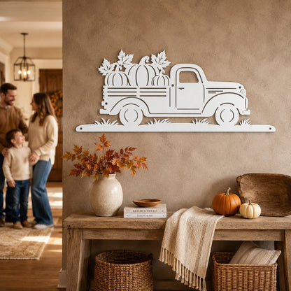 Fall Pumpkin Pickup Metal Sign, Vintage Harvest Truck Wall Decor, Farmhouse Autumn Entryway Art, Rustic Thanksgiving Country Home Accent