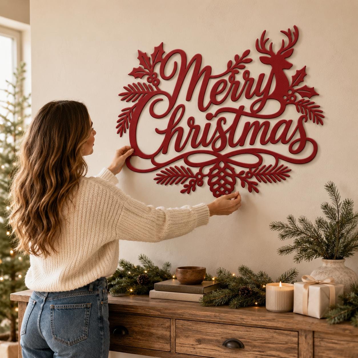Merry Christmas Metal Sign, Holiday Deer Wall Art, Rustic Steel Door Hanger, Farmhouse Mantel Decor, Red Winter Entryway Gift