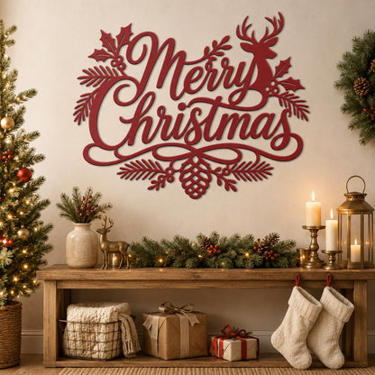 Merry Christmas Metal Sign, Holiday Deer Wall Art, Rustic Steel Door Hanger, Farmhouse Mantel Decor, Red Winter Entryway Gift