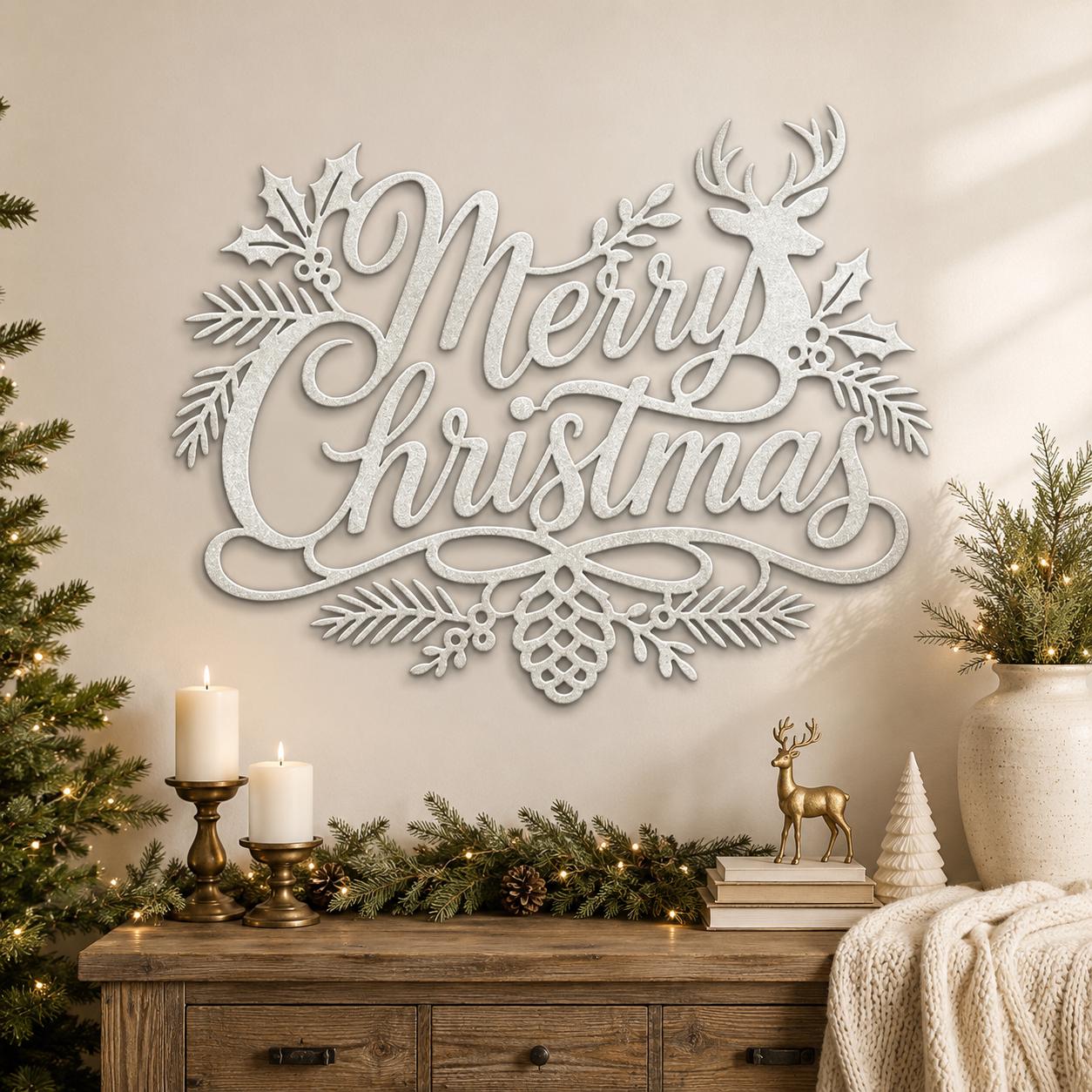 Merry Christmas Metal Sign, Holiday Deer Wall Art, Rustic Steel Door Hanger, Farmhouse Mantel Decor, Red Winter Entryway Gift
