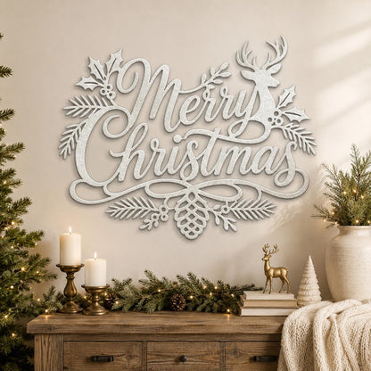 Merry Christmas Metal Sign, Holiday Deer Wall Art, Rustic Steel Door Hanger, Farmhouse Mantel Decor, Red Winter Entryway Gift