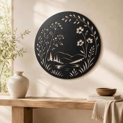 Botanical Metal Sign, Mountain Lake Wall Art, Wildflower Nature Decor, Rustic Round Hanging Plaque, Organic Cabin Entryway Gift