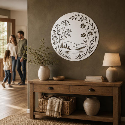 Botanical Metal Sign, Mountain Lake Wall Art, Wildflower Nature Decor, Rustic Round Hanging Plaque, Organic Cabin Entryway Gift