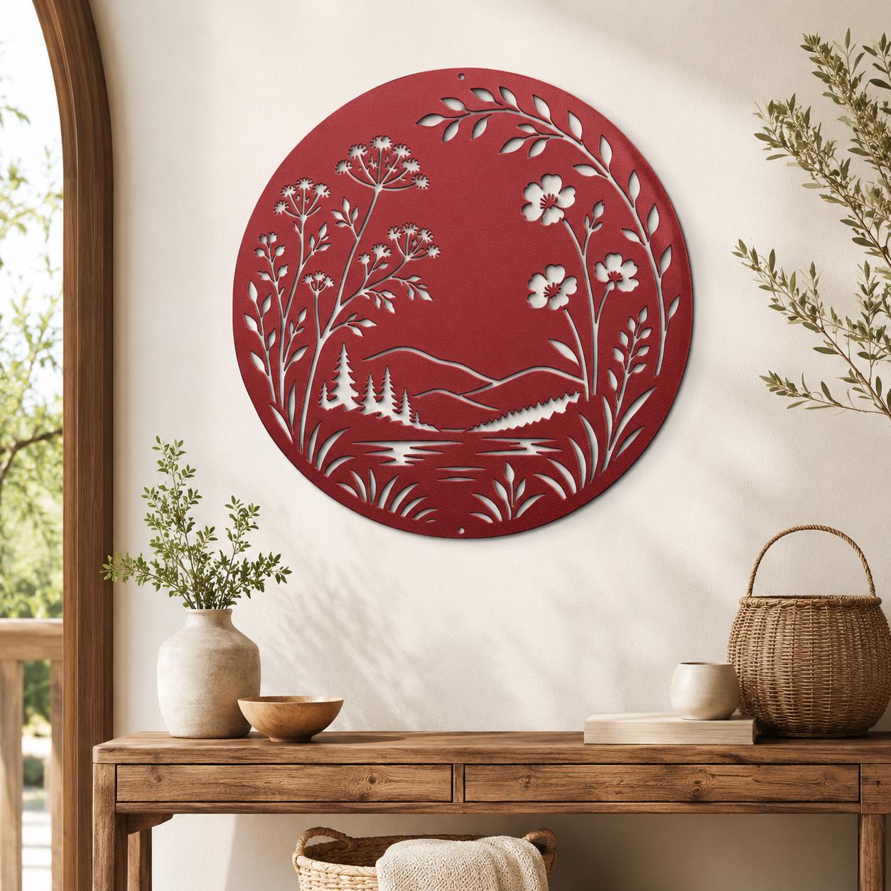 Botanical Metal Sign, Mountain Lake Wall Art, Wildflower Nature Decor, Rustic Round Hanging Plaque, Organic Cabin Entryway Gift