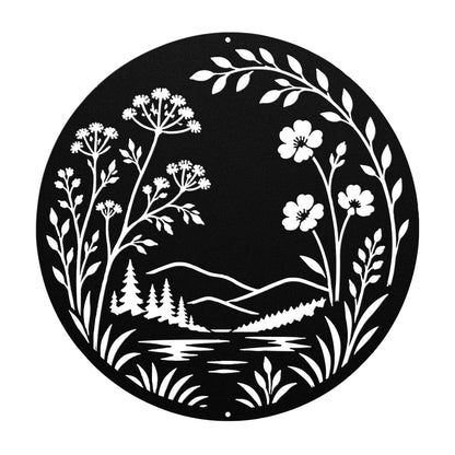 Botanical Metal Sign, Mountain Lake Wall Art, Wildflower Nature Decor, Rustic Round Hanging Plaque, Organic Cabin Entryway Gift