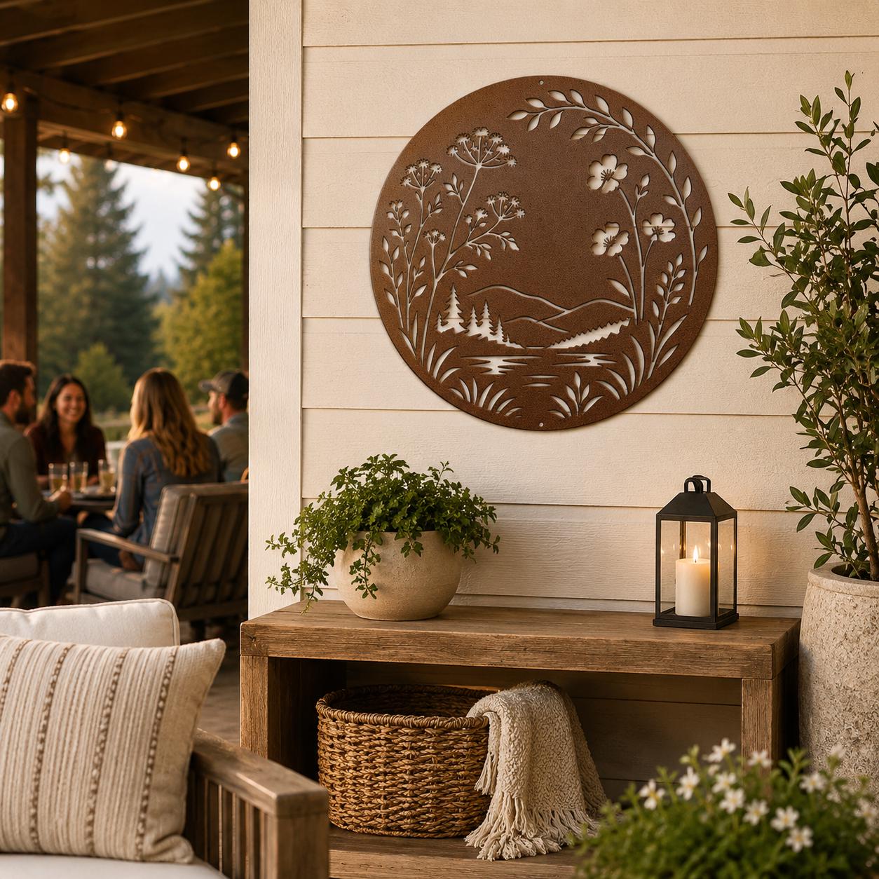 Botanical Metal Sign, Mountain Lake Wall Art, Wildflower Nature Decor, Rustic Round Hanging Plaque, Organic Cabin Entryway Gift