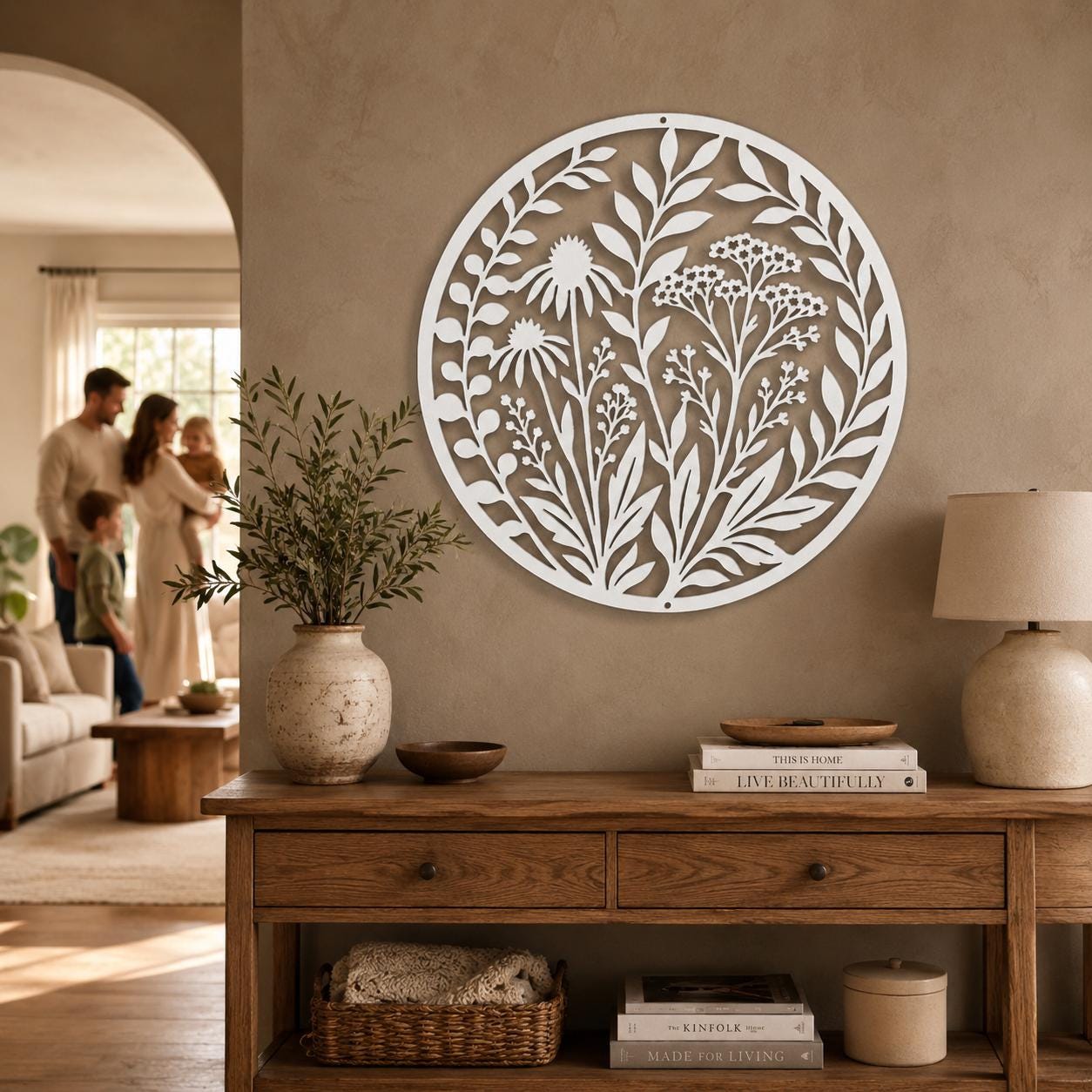 Wildflower Metal Wall Art, Botanical Steel Sign, Floral Garden Decor, Round Nature Plaque, Rustic Farmhouse Entryway Housewarming Gift