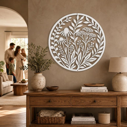 Wildflower Metal Wall Art, Botanical Steel Sign, Floral Garden Decor, Round Nature Plaque, Rustic Farmhouse Entryway Housewarming Gift
