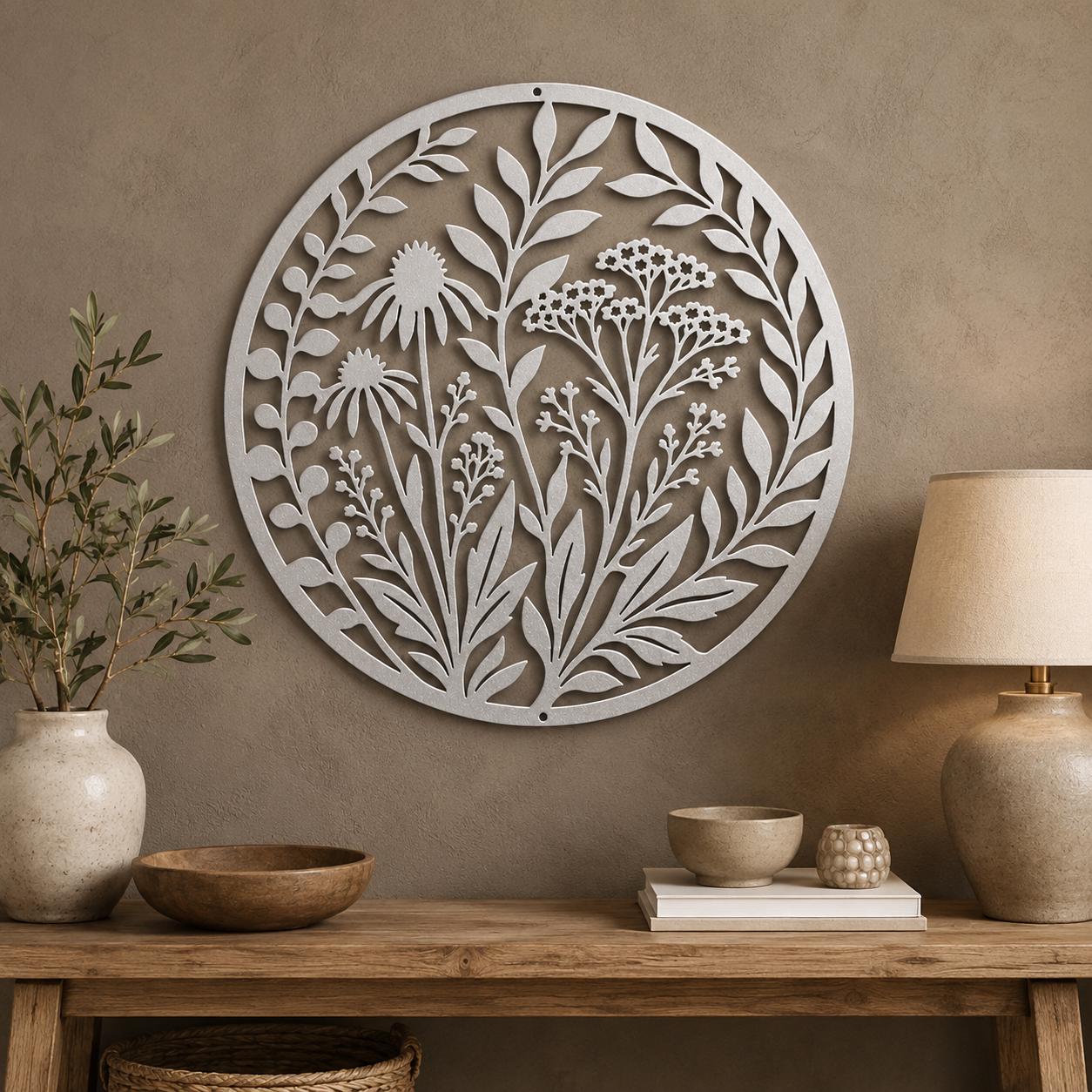 Wildflower Metal Wall Art, Botanical Steel Sign, Floral Garden Decor, Round Nature Plaque, Rustic Farmhouse Entryway Housewarming Gift