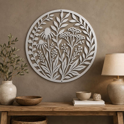 Wildflower Metal Wall Art, Botanical Steel Sign, Floral Garden Decor, Round Nature Plaque, Rustic Farmhouse Entryway Housewarming Gift