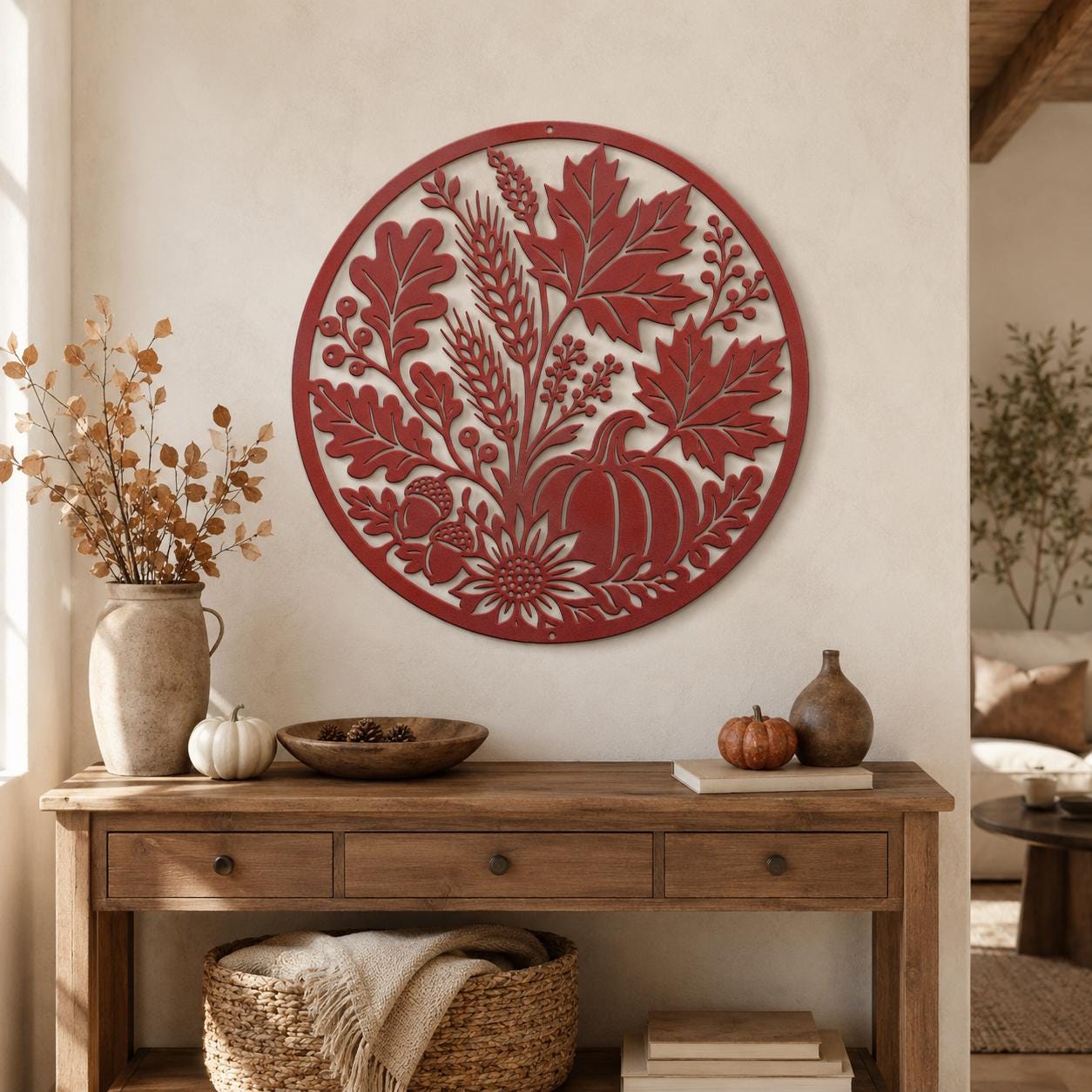 Fall Harvest Metal Sign, Pumpkin Leaf Wall Decor, Rustic Autumn Steel Art, Farmhouse Thanksgiving Home Accent, Seasonal Entryway Plaque