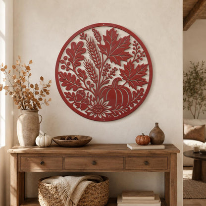 Fall Harvest Metal Sign, Pumpkin Leaf Wall Decor, Rustic Autumn Steel Art, Farmhouse Thanksgiving Home Accent, Seasonal Entryway Plaque