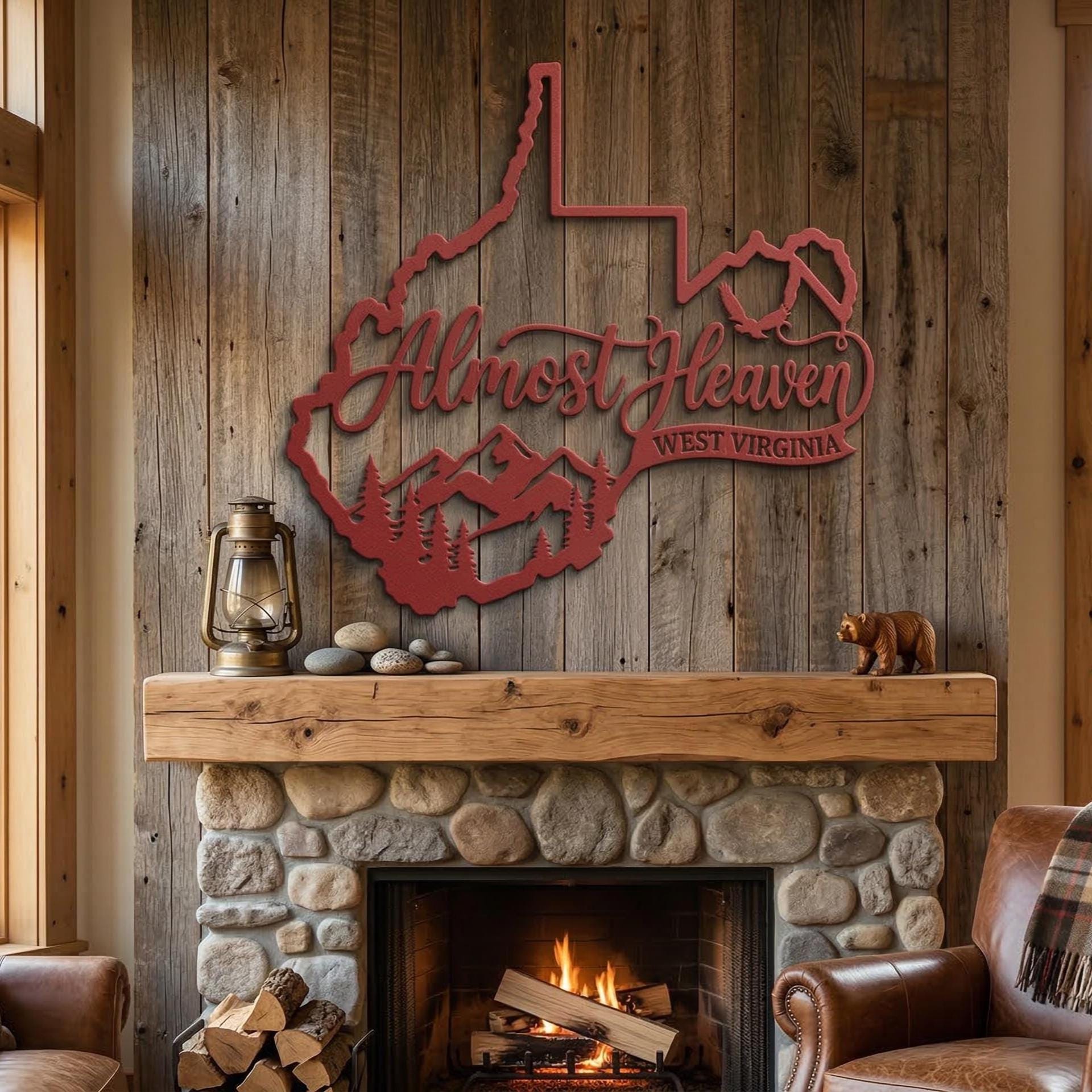 West Virginia Metal Sign, Almost Heaven Sign, Appalachian Mountain Decor, Rustic Cabin Wall Decor, WV State Outline Sign