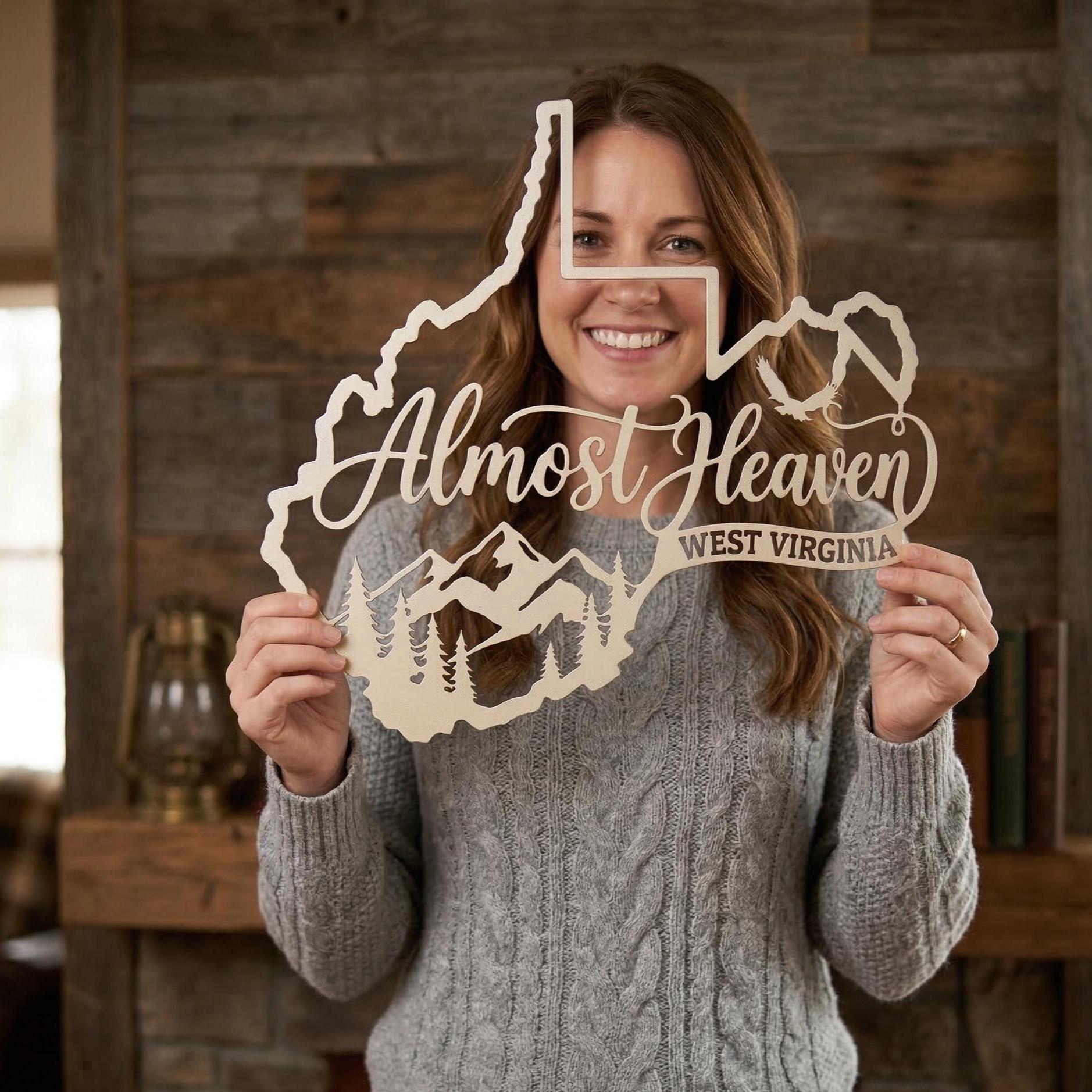 West Virginia Metal Sign, Almost Heaven Sign, Appalachian Mountain Decor, Rustic Cabin Wall Decor, WV State Outline Sign