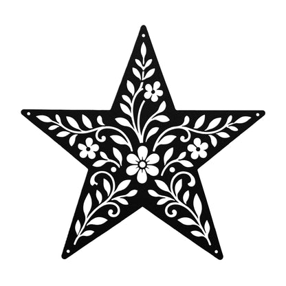 Rustic Floral Star Metal Sign, Botanical Farmhouse Wall Decor, Western Garden Home Accent, Textured Country Entryway Housewarming Gift