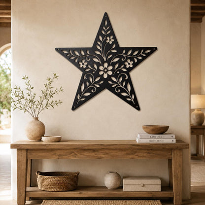 Rustic Floral Star Metal Sign, Botanical Farmhouse Wall Decor, Western Garden Home Accent, Textured Country Entryway Housewarming Gift