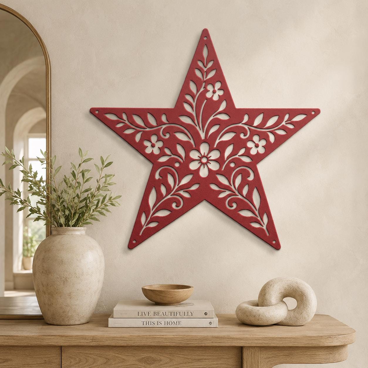 Rustic Floral Star Metal Sign, Botanical Farmhouse Wall Decor, Western Garden Home Accent, Textured Country Entryway Housewarming Gift