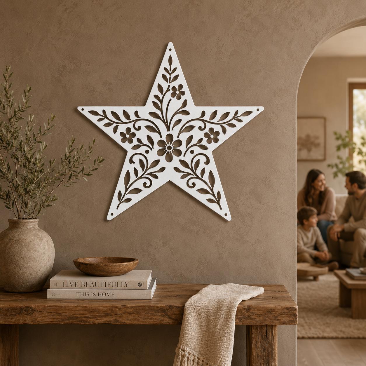 Rustic Floral Star Metal Sign, Botanical Farmhouse Wall Decor, Western Garden Home Accent, Textured Country Entryway Housewarming Gift