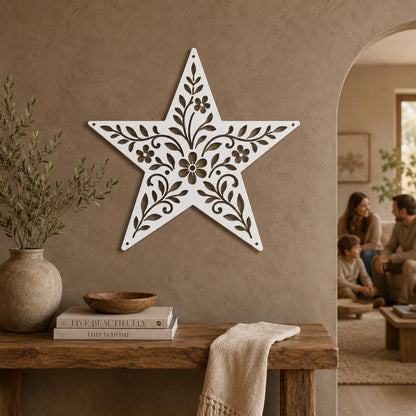 Rustic Floral Star Metal Sign, Botanical Farmhouse Wall Decor, Western Garden Home Accent, Textured Country Entryway Housewarming Gift