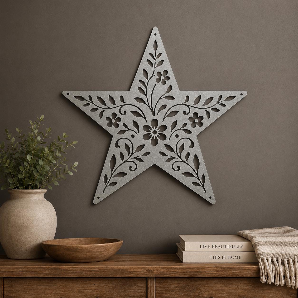 Rustic Floral Star Metal Sign, Botanical Farmhouse Wall Decor, Western Garden Home Accent, Textured Country Entryway Housewarming Gift