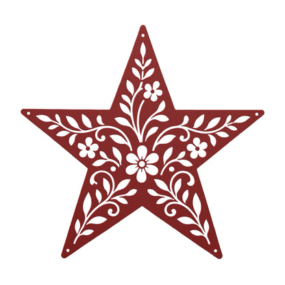 Rustic Floral Star Metal Sign, Botanical Farmhouse Wall Decor, Western Garden Home Accent, Textured Country Entryway Housewarming Gift