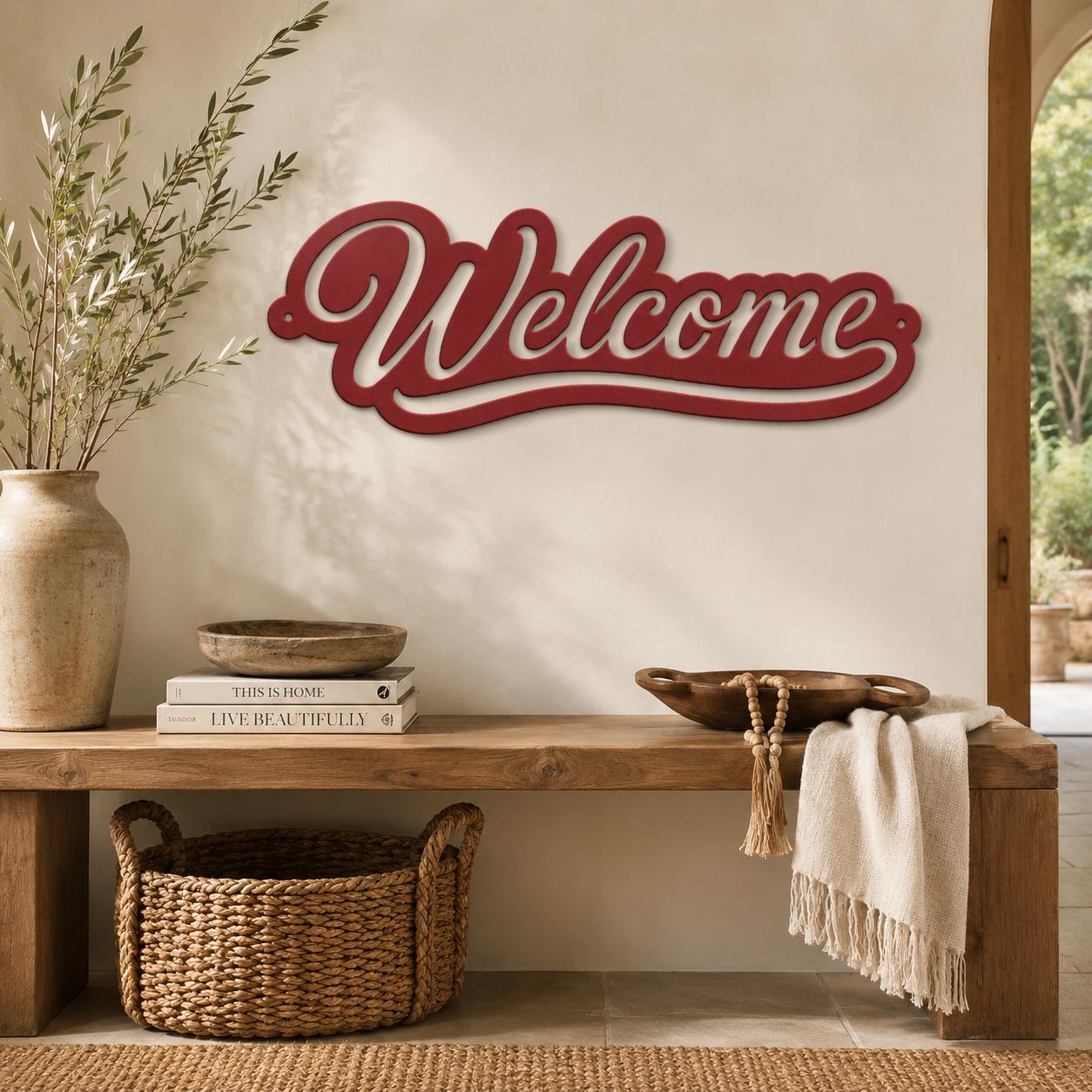 Script Welcome Metal Sign, Horizontal Front Door Wall Decor, Rustic Entryway Plaque, Farmhouse Porch Housewarming Gift, Cursive Art