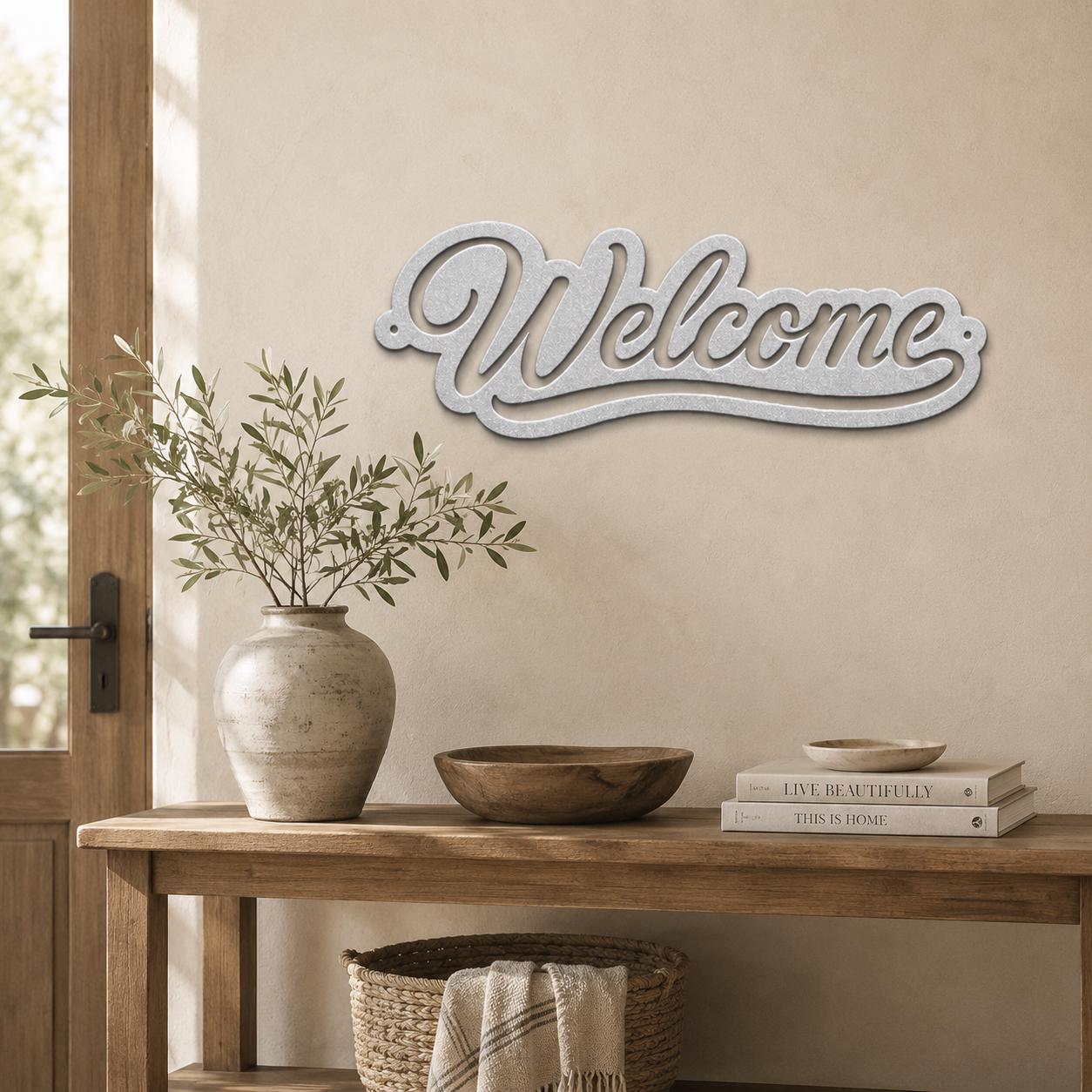 Script Welcome Metal Sign, Horizontal Front Door Wall Decor, Rustic Entryway Plaque, Farmhouse Porch Housewarming Gift, Cursive Art