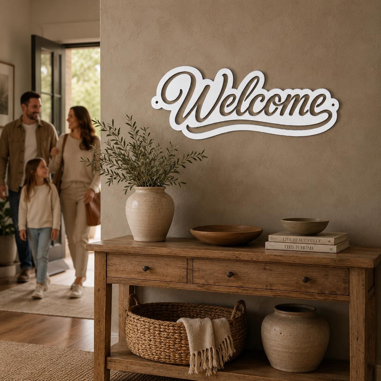 Script Welcome Metal Sign, Horizontal Front Door Wall Decor, Rustic Entryway Plaque, Farmhouse Porch Housewarming Gift, Cursive Art