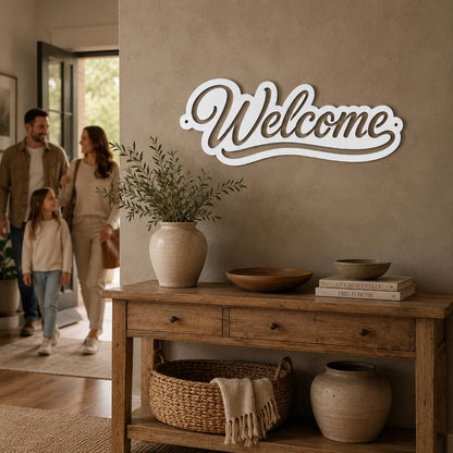 Script Welcome Metal Sign, Horizontal Front Door Wall Decor, Rustic Entryway Plaque, Farmhouse Porch Housewarming Gift, Cursive Art