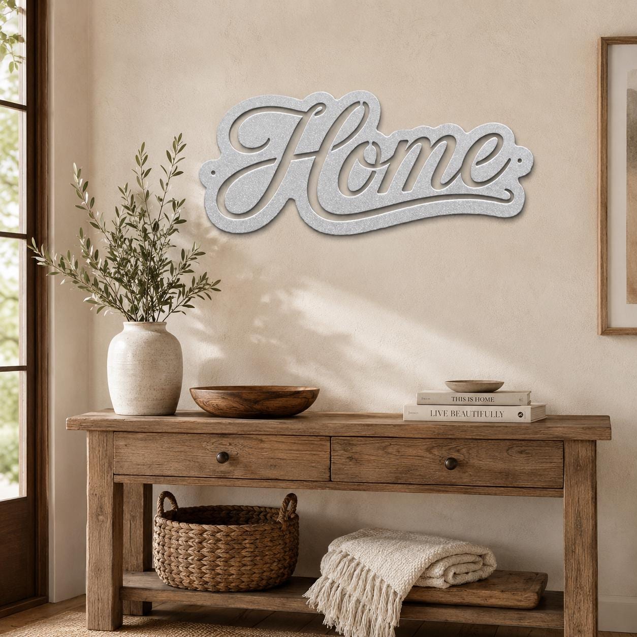Script Home Metal Sign, Warm Front Door Wall Decor, Rustic Entryway Plaque, Farmhouse Porch Housewarming Gift, Cursive Accent Art