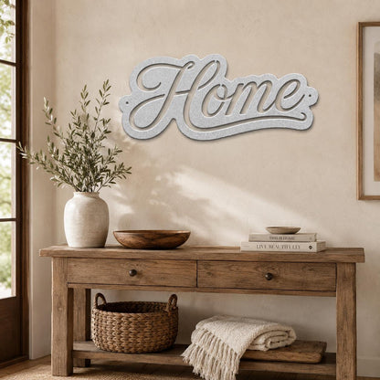 Script Home Metal Sign, Warm Front Door Wall Decor, Rustic Entryway Plaque, Farmhouse Porch Housewarming Gift, Cursive Accent Art