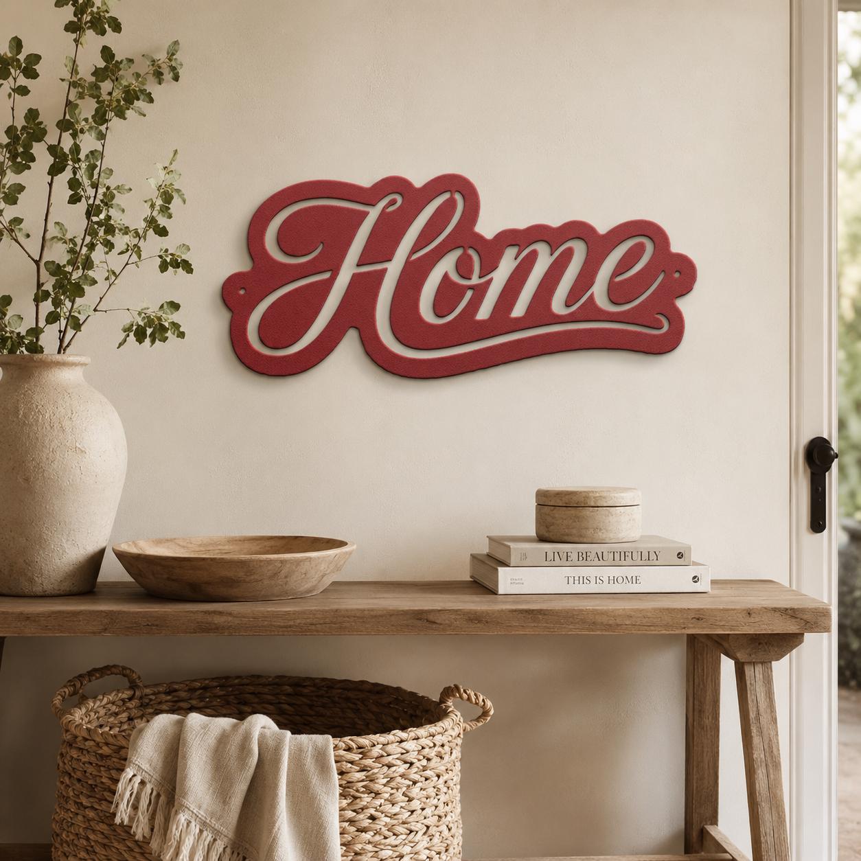 Script Home Metal Sign, Warm Front Door Wall Decor, Rustic Entryway Plaque, Farmhouse Porch Housewarming Gift, Cursive Accent Art
