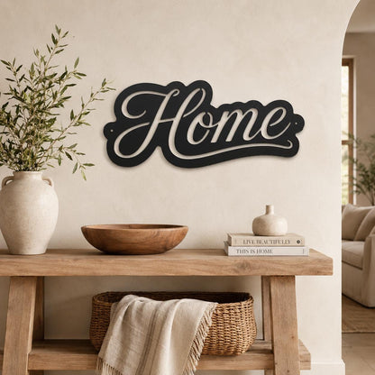 Script Home Metal Sign, Warm Front Door Wall Decor, Rustic Entryway Plaque, Farmhouse Porch Housewarming Gift, Cursive Accent Art