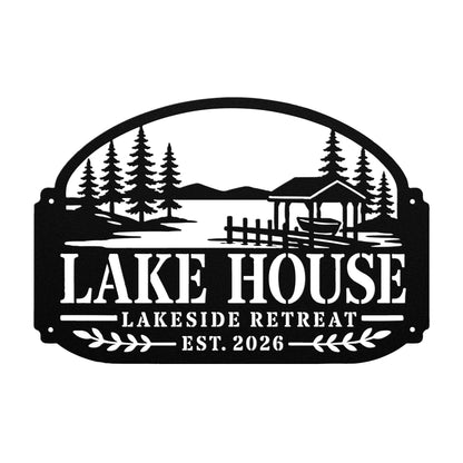 Lake House Metal Sign, Lakeside Retreat Wall Decor, Rustic Cabin Plaque, Waterfront Cottage Entryway Gift, Outdoor Porch Accent