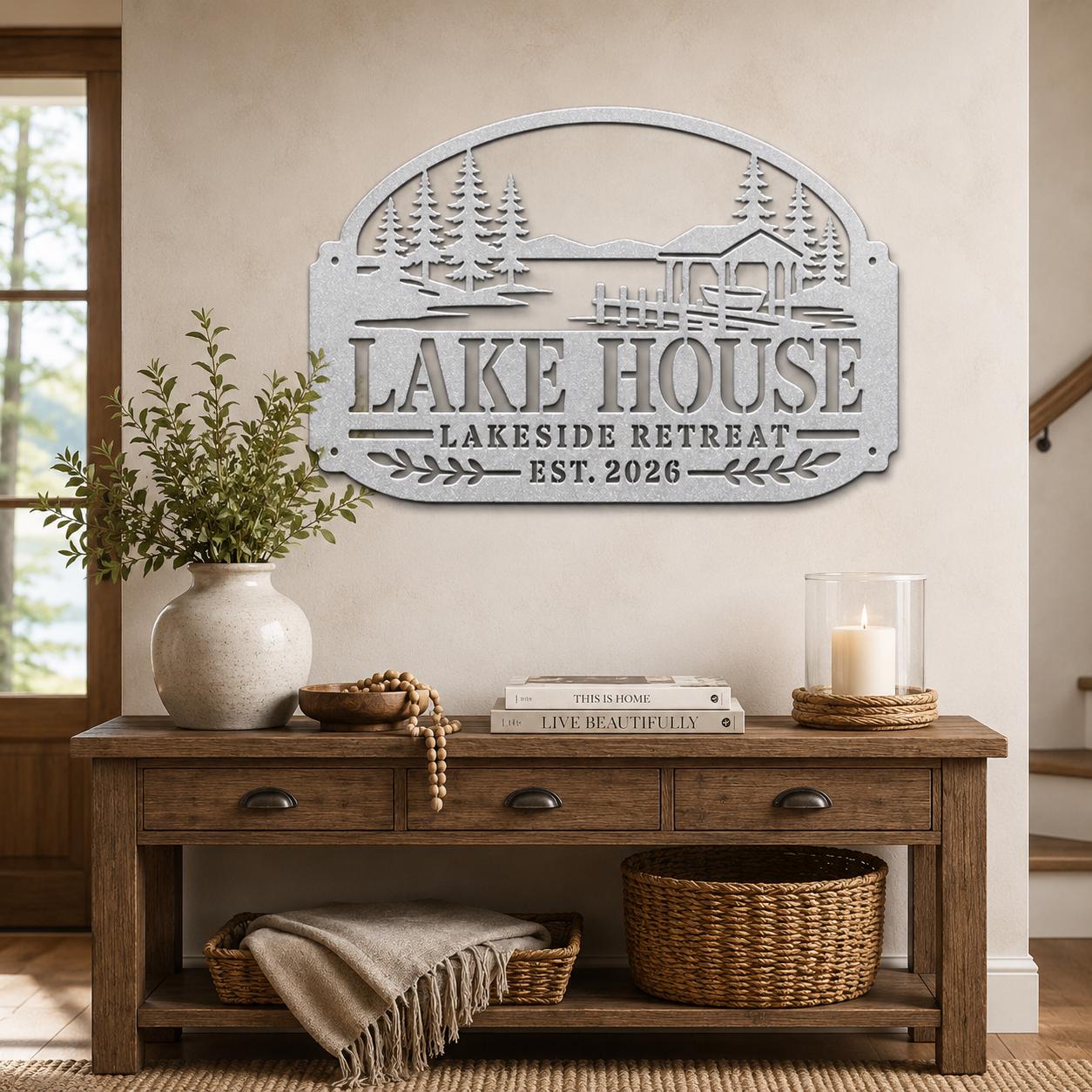 Lake House Metal Sign, Lakeside Retreat Wall Decor, Rustic Cabin Plaque, Waterfront Cottage Entryway Gift, Outdoor Porch Accent