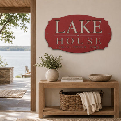 Lake House Metal Sign, Relax Unwind Enjoy Wall Decor, Waterfront Cabin Plaque, Rustic Cottage Gift, Outdoor Porch Entryway Lodge Accent