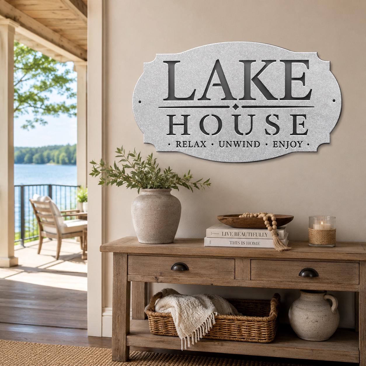 Lake House Metal Sign, Relax Unwind Enjoy Wall Decor, Waterfront Cabin Plaque, Rustic Cottage Gift, Outdoor Porch Entryway Lodge Accent