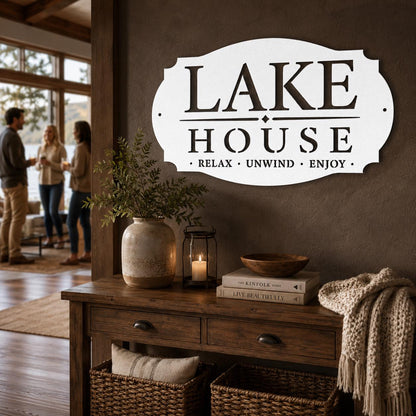 Lake House Metal Sign, Relax Unwind Enjoy Wall Decor, Waterfront Cabin Plaque, Rustic Cottage Gift, Outdoor Porch Entryway Lodge Accent