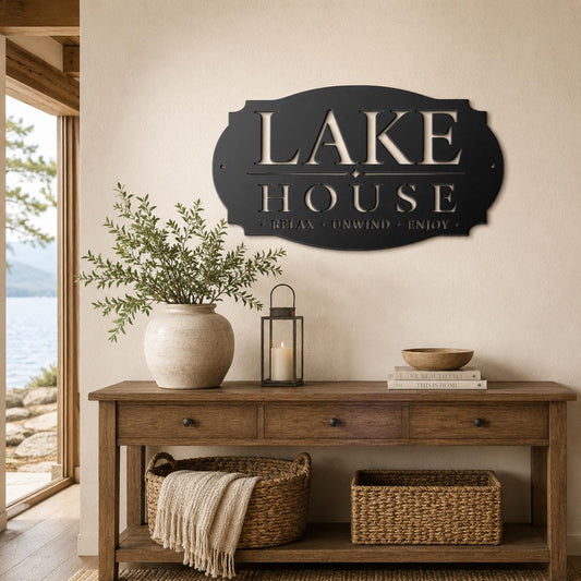 Lake House Metal Sign, Relax Unwind Enjoy Wall Decor, Waterfront Cabin Plaque, Rustic Cottage Gift, Outdoor Porch Entryway Lodge Accent