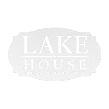 Lake House Metal Sign, Relax Unwind Enjoy Wall Decor, Waterfront Cabin Plaque, Rustic Cottage Gift, Outdoor Porch Entryway Lodge Accent