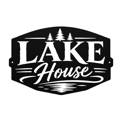 Lake House Metal Sign, Pine Tree Wall Decor, Waterfront Cabin Plaque, Rustic Cottage Gift, Outdoor Entryway Accent, Relaxed Retreat Art