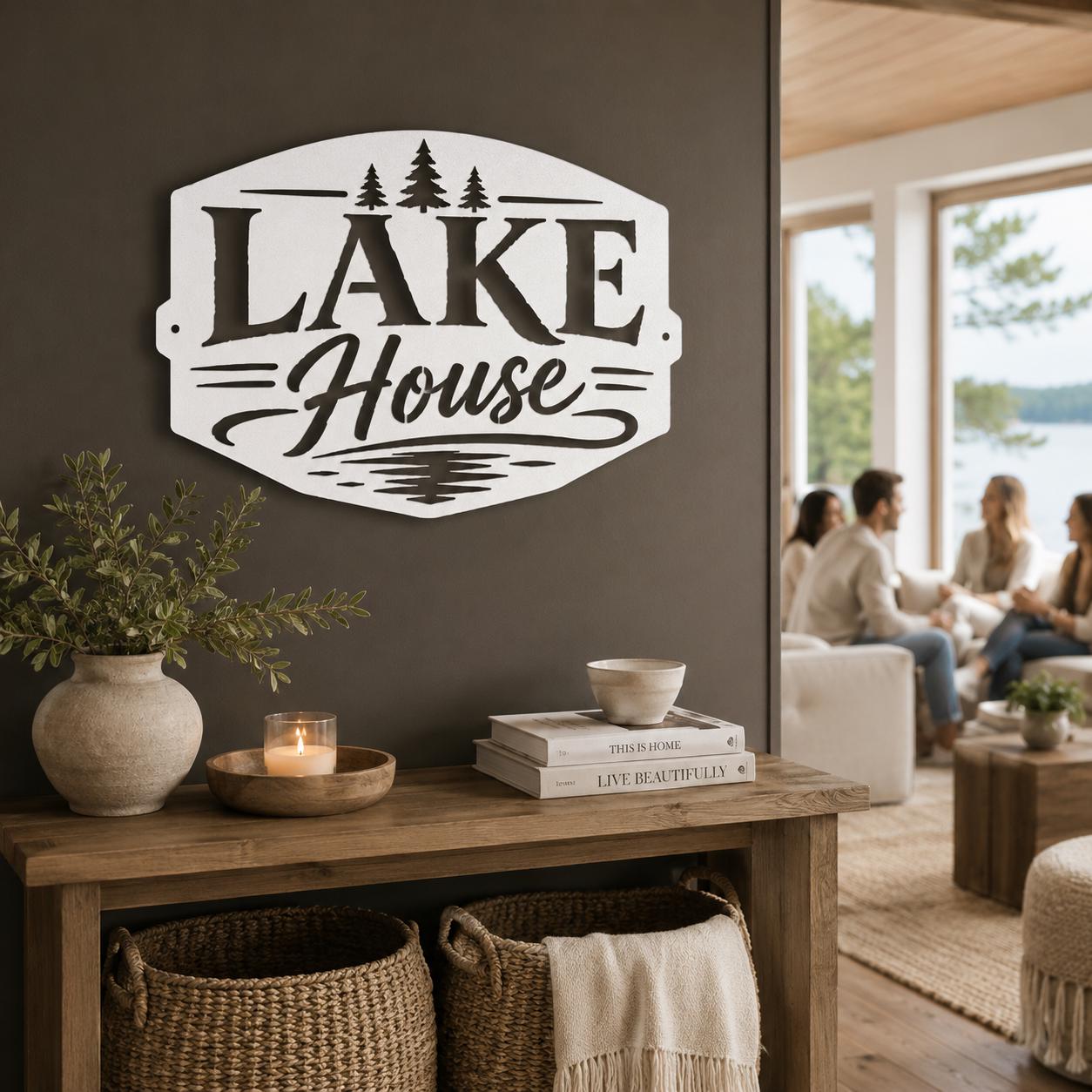 Lake House Metal Sign, Pine Tree Wall Decor, Waterfront Cabin Plaque, Rustic Cottage Gift, Outdoor Entryway Accent, Relaxed Retreat Art