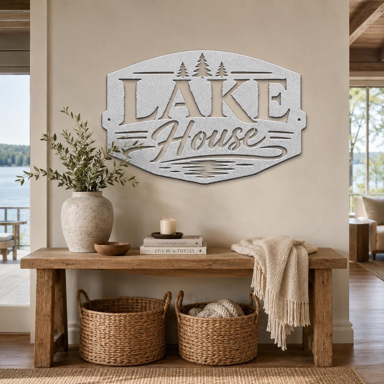 Lake House Metal Sign, Pine Tree Wall Decor, Waterfront Cabin Plaque, Rustic Cottage Gift, Outdoor Entryway Accent, Relaxed Retreat Art