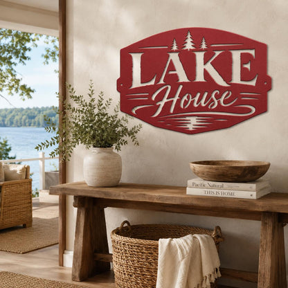 Lake House Metal Sign, Pine Tree Wall Decor, Waterfront Cabin Plaque, Rustic Cottage Gift, Outdoor Entryway Accent, Relaxed Retreat Art