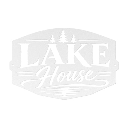 Lake House Metal Sign, Pine Tree Wall Decor, Waterfront Cabin Plaque, Rustic Cottage Gift, Outdoor Entryway Accent, Relaxed Retreat Art