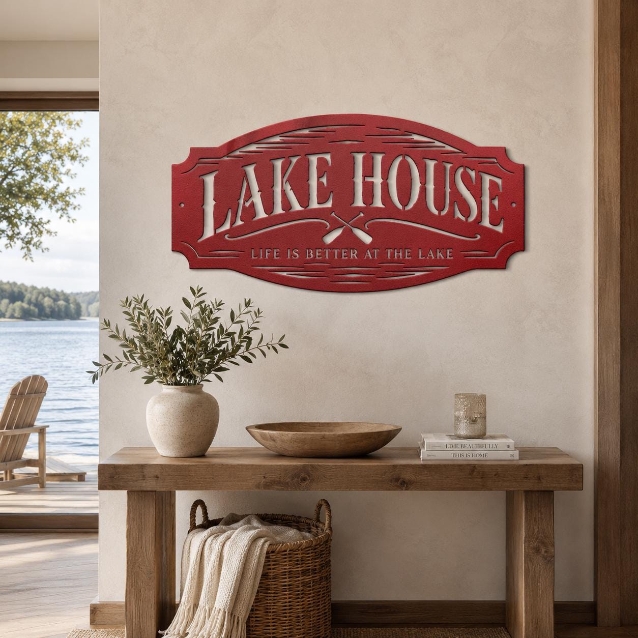 Lake House Metal Sign, Paddles Wall Decor, Waterfront Cabin Plaque, Rustic Cottage Entryway Accent, Vacation Retreat Housewarming Gift