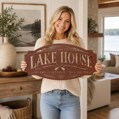 Lake House Metal Sign, Paddles Wall Decor, Waterfront Cabin Plaque, Rustic Cottage Entryway Accent, Vacation Retreat Housewarming Gift