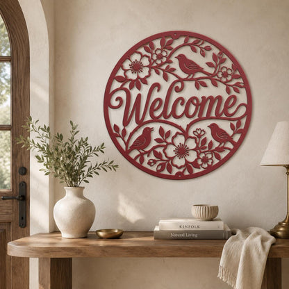 Floral Bird Welcome Metal Sign, Round Front Door Decor, Garden Style Entryway Wall Art, Spring Cottage Porch Accent, Housewarming Gift