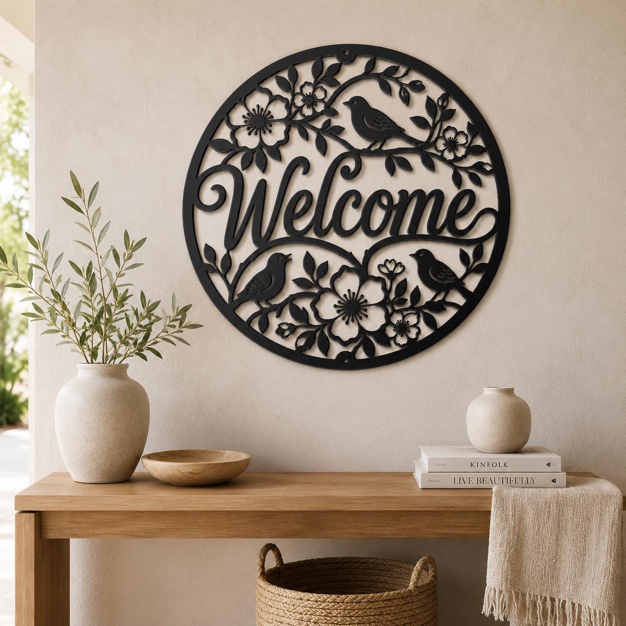 Floral Bird Welcome Metal Sign, Round Front Door Decor, Garden Style Entryway Wall Art, Spring Cottage Porch Accent, Housewarming Gift