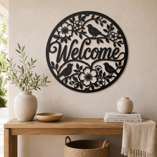 Floral Bird Welcome Metal Sign, Round Front Door Decor, Garden Style Entryway Wall Art, Spring Cottage Porch Accent, Housewarming Gift